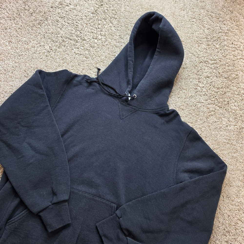 VINTAGE Russell Athletic Hoodie Mens Medium Black Cotton Blend Pullover 33842